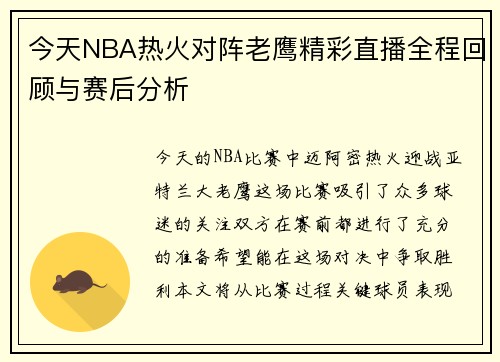 今天NBA热火对阵老鹰精彩直播全程回顾与赛后分析